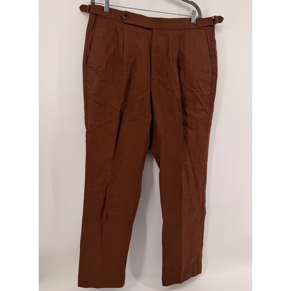 Todd Snyder Pants Mens 36X32 Brown Linen Pleated Straight Leg Side Tabs Trousers